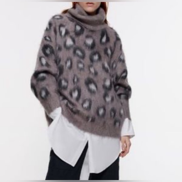 Zara Sweaters - ZARA oversized chunky knit turtleneck sweater leopard mohair wool small cozy